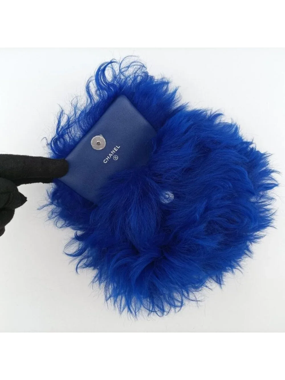 Chanel Shearling CC Hook Card Holder Blue Wool